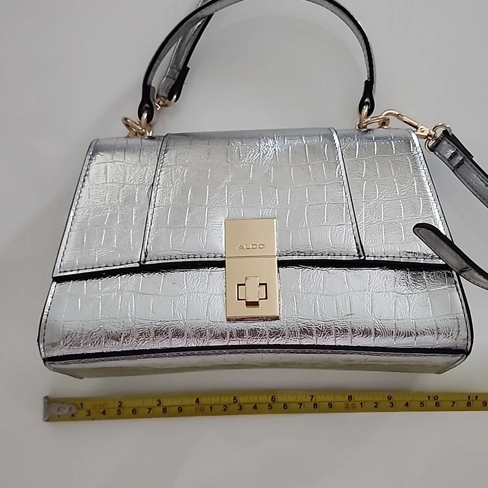 Aldo Rotoua Silver Gold Two Tone Metallic Top Handle Crossbody Mini Handbag - Picture 13 of 14